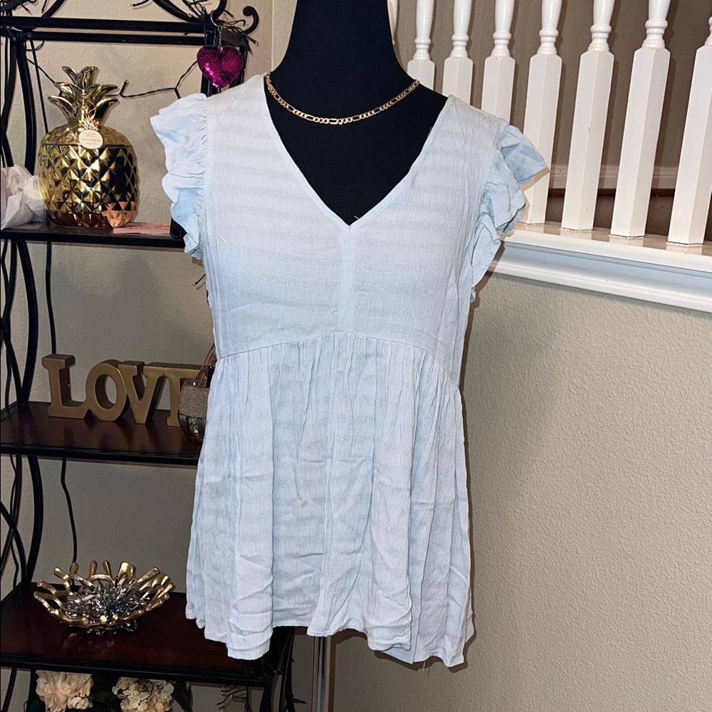 Japna Light Blue V-Neck Ruffle Blouse